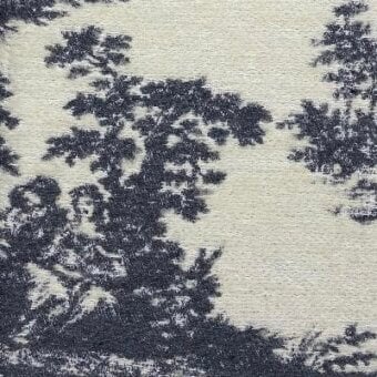 Toile fabric swatch, grey and off-white, displays stylized trees and foliage with a subtle linen weave; “Snow Magic Grey” textile.